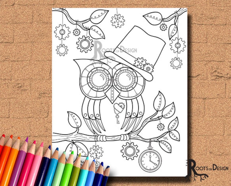 INSTANT DOWNLOAD Coloring Page Steampunk Owl Art Coloring | Etsy