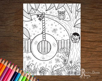DESCARGA INSTANTE Página para colorear - Columpio de neumáticos de verano con luciérnagas, arte de garabatos, imprimible