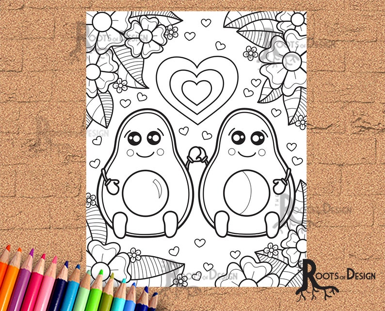 INSTANT DOWNLOAD Coloring Avocado love Art Coloring Page/ Print, doodle art, printable image 1