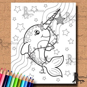 INSTANT DOWNLOAD Cute Christmas Narwhal Page Print, doodle art, printable