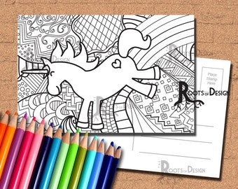 INSTANT DOWNLOAD Coloring Postcard Page - Unicorn Color your own fun Postcards, doodle art, printable, Coloring Postcards