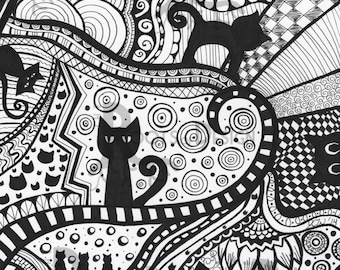 INSTANT DOWNLOAD Coloring Page - Cat Art Print zentangle inspired, doodle art, printable, Black Cats