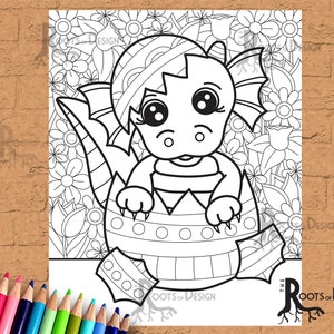 INSTANT DOWNLOAD Coloring Page - Cute Baby Dragon in Easter Egg  doodle art, printable