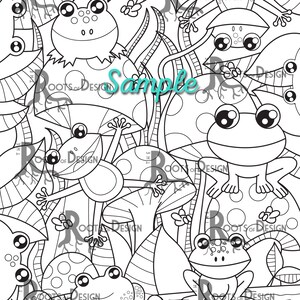 INSTANT DOWNLOAD COlORING PAGE Frogs and Mushrooms Page Print, doodle art, printable image 2