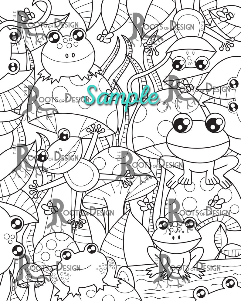 INSTANT DOWNLOAD COlORING PAGE Frogs and Mushrooms Page Print, doodle art, printable image 2