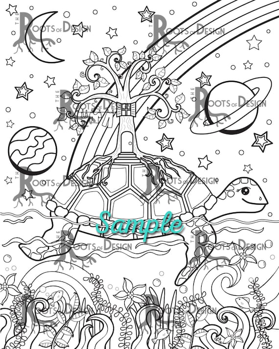 INSTANT DOWNLOAD Coloring Page - Turtle island with the Tree of Life Art  Print, doodle art, printable