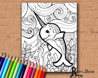 INSTANT DOWNLOAD Coloring Page - Narwhal zentangle inspired, doodle art, printable