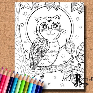 INSTANT DOWNLOAD Coloring Page Owl-Cat Art Coloring Print, doodle art, printable