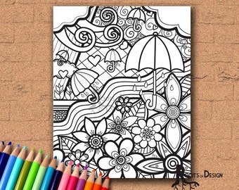 INSTANT DOWNLOAD Coloring Page - April Showers Bring May Flowers Print zentangle inspired, doodle art, printable