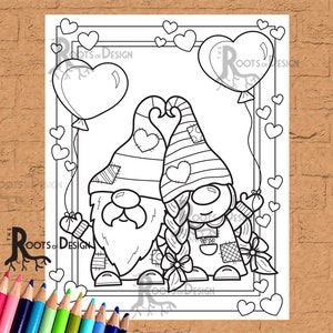 May include: A black and white coloring page featuring two gnomes holding hands. The gnome on the left has a beard and the gnome on the right has a braid. They are surrounded by hearts and a heart-shaped balloon.