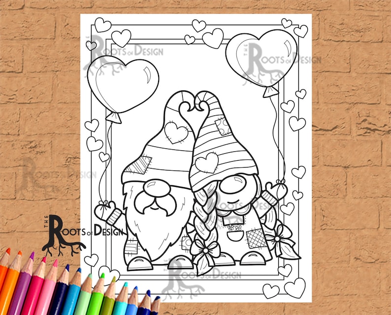 May include: A black and white coloring page featuring two gnomes holding hands. The gnome on the left has a beard and the gnome on the right has a braid. They are surrounded by hearts and a heart-shaped balloon.