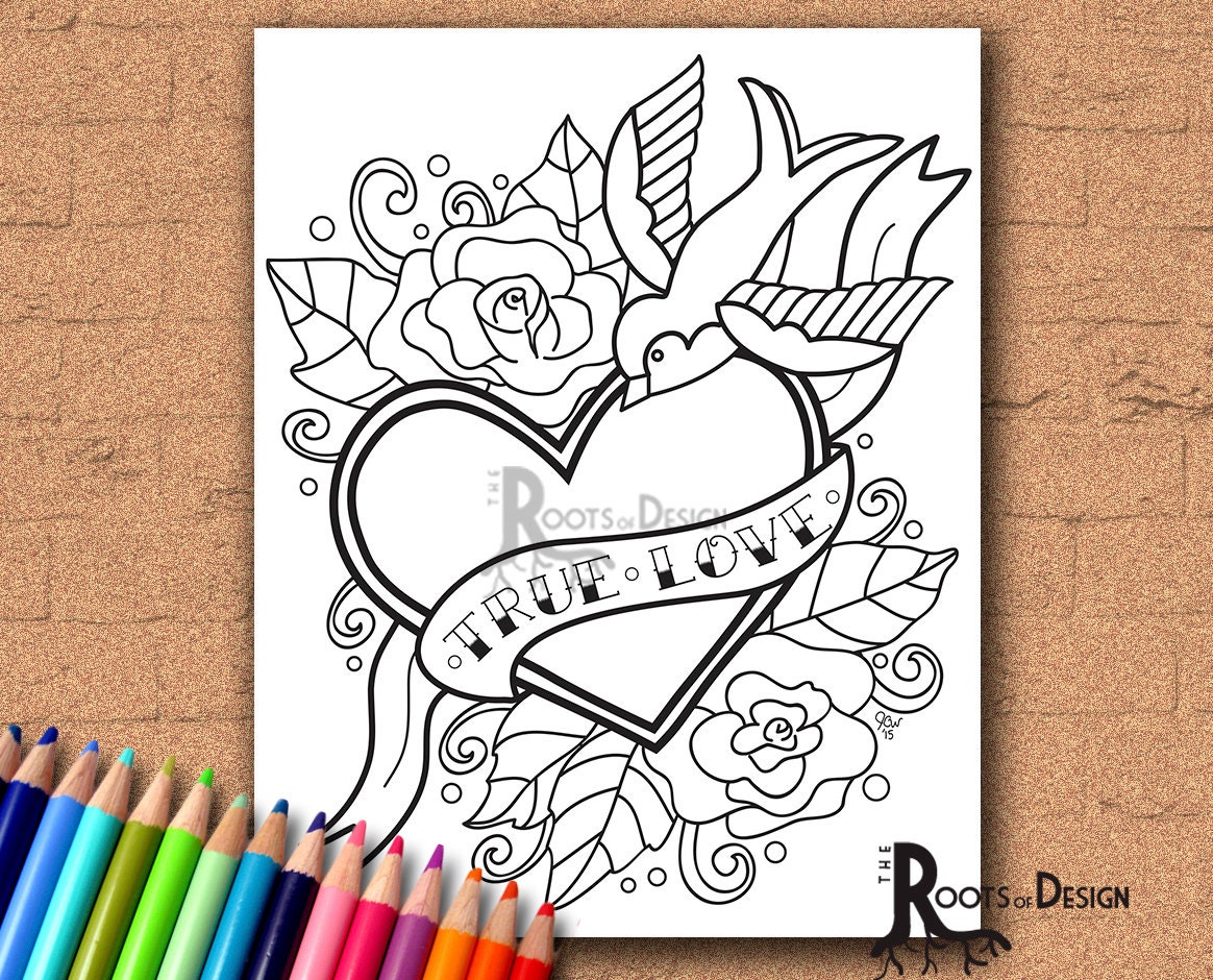 INSTANT DOWNLOAD Coloring Page Tattoo Style True Love Heart Etsy