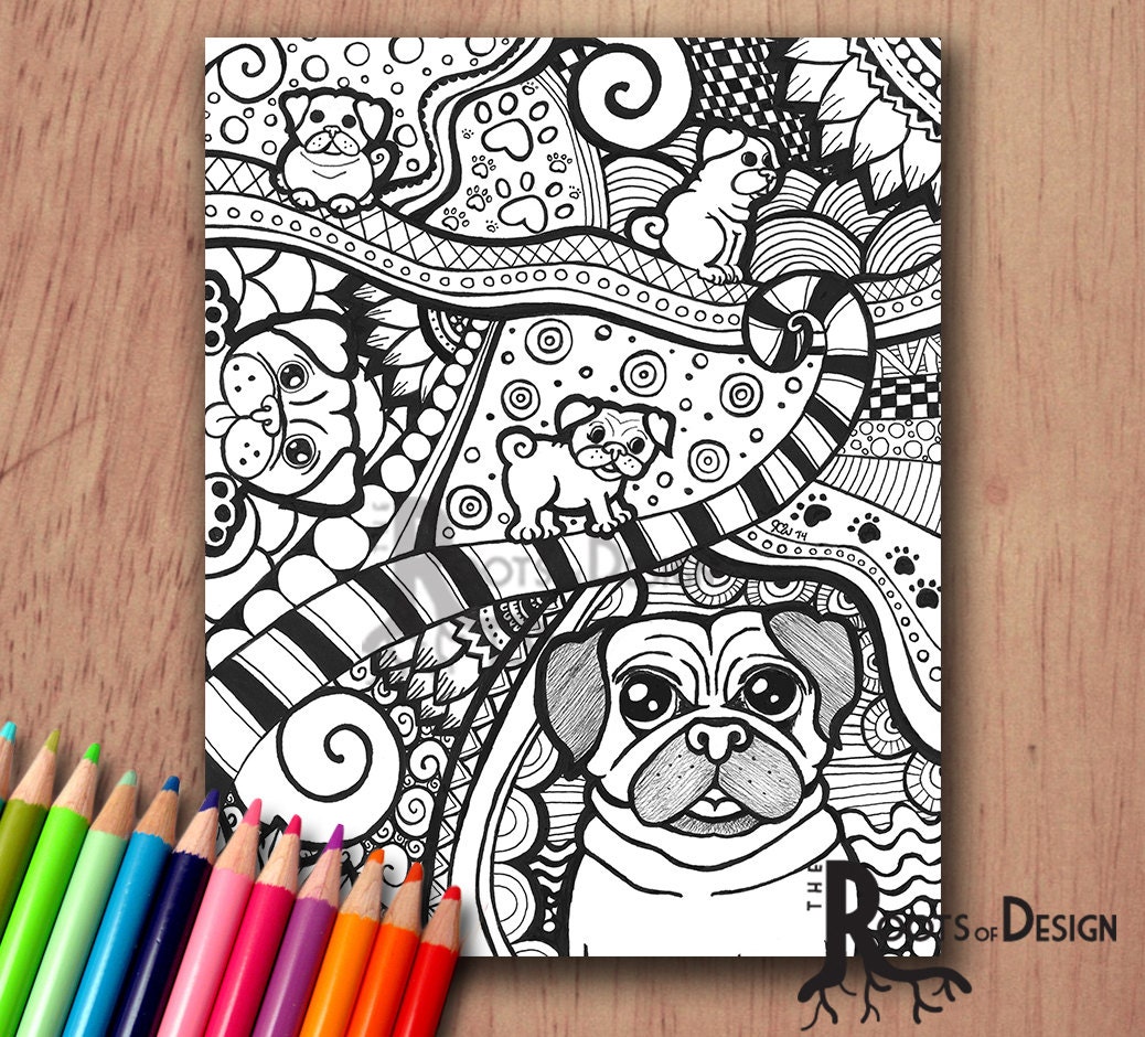 INSTANT DOWNLOAD Coloring Page Pug Dog Art Print Zentangle Etsy