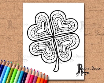 INSTANT DOWNLOAD Coloring Page - Four Leaf Clover/ Shamrock Print zentangle inspired, doodle art, printable