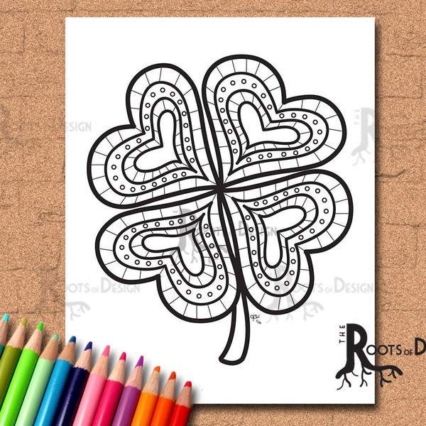 INSTANT DOWNLOAD Coloring Page - Four Leaf Clover/ Shamrock Print zentangle inspired, doodle art, printable