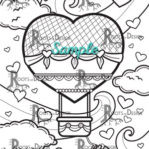 INSTANT DOWNLOAD Coloring Page Hot Air Heart Balloon Coloring Print, doodle art, printable zdjęcie 2