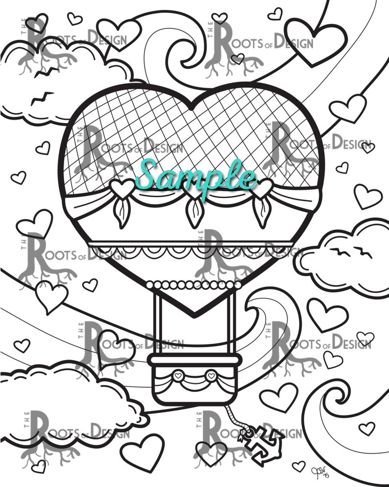 INSTANT DOWNLOAD Coloring Page Hot Air Heart Balloon Coloring Print, doodle art, printable zdjęcie 2