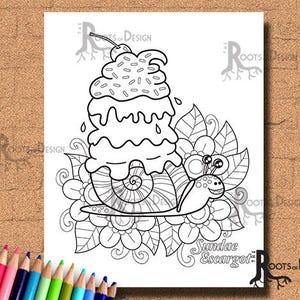INSTANT DOWNLOAD Sundae Escargot (Snail Ice Cream) Coloring Print, doodle art, printable