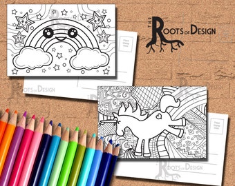 INSTANT DOWNLOAD Coloring Postcard Page - Rainbow and Unicorn Color your own fun Postcards or mini Prints, printable, Coloring Postcards
