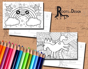 INSTANT DOWNLOAD Coloring Postcard Page - Rainbow and Unicorn Color your own fun Postcards or mini Prints, printable, Coloring Postcards