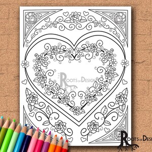 May include: A black and white coloring page featuring a large heart shape outlined with intricate floral designs. The heart is surrounded by smaller hearts and floral details. The text "Roots of Design" appears in the center of the heart.