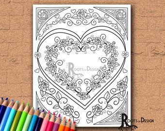 INSTANT DOWNLOAD Coloring Page - Flower Heart Coloring Print, doodle art, printable