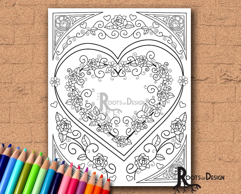 May include: A black and white coloring page featuring a large heart shape outlined with intricate floral designs. The heart is surrounded by smaller hearts and floral details. The text "Roots of Design" appears in the center of the heart.