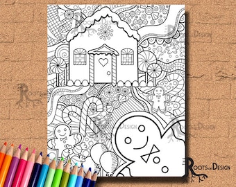 Instant Download-Printable Gingerbread Man and House Holiday zentangle inspired Coloring Page or Print