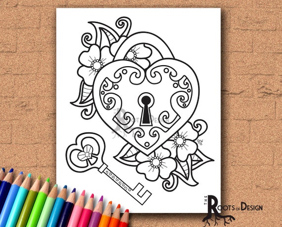 Instant Download Coloring Page Key To My Heart Doodle Art Etsy