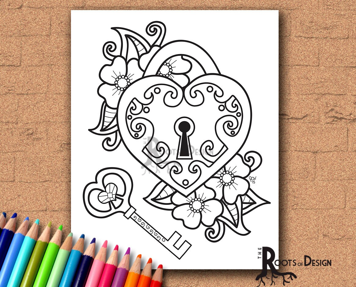 INSTANT DOWNLOAD Coloring Page Key To My Heart Doodle Art Etsy