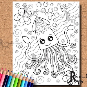 INSTANT DOWNLOAD COlORING PAGE- Squid Page Print, doodle art, printable