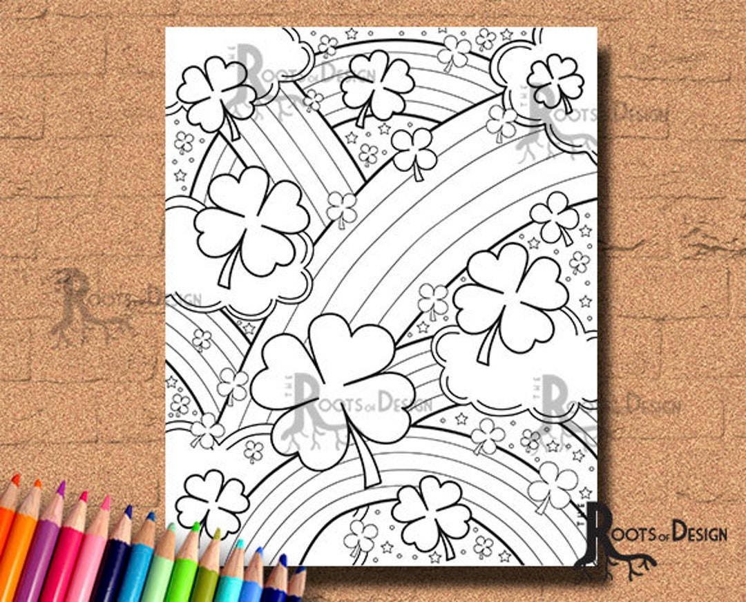 INSTANT DOWNLOAD Coloring Page  Shamrock and Rainbows Doodle