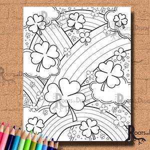 INSTANT DOWNLOAD Coloring Page Shamrock and Rainbows, doodle art, printable image 1