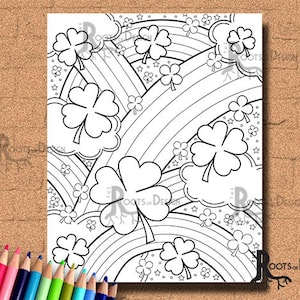 INSTANT DOWNLOAD Coloring Page - Shamrock and Rainbows, doodle art, printable