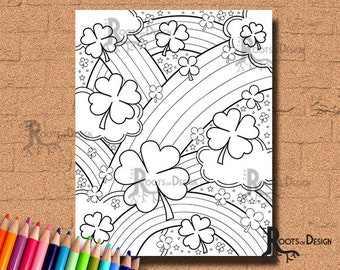 INSTANT DOWNLOAD Coloring Page - Shamrock and Rainbows, doodle art, printable