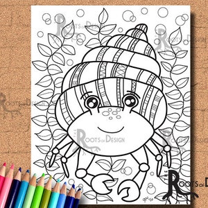 DESCARGA INSTANTE Página para colorear - Cangrejo ermitaño, arte del doodle, página imprimible para colorear para adultos