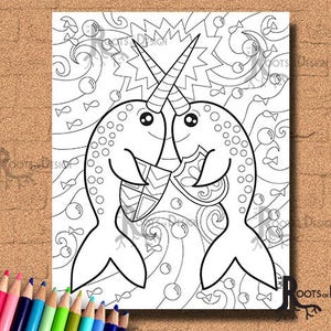 INSTANT DOWNLOAD Coloring Page - Narwhals Fighting Print, doodle art, printable