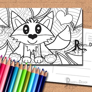 TÉLÉCHARGEMENT INSTANTANÉ Page de carte postale à colorier - Renard mignon Colorez vos propres cartes postales amusantes, doodle art, imprimables, Cartes postales à colorier