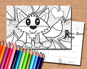 INSTANT DOWNLOAD Coloring Postcard Page - Cute Fox Color your own fun Postcards, doodle art, printable, Coloring Postcards