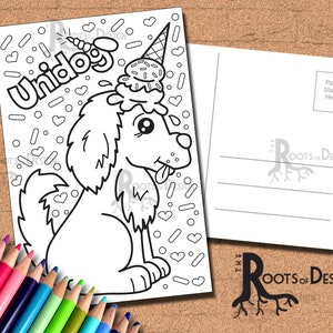 May include: Black and white coloring page postcard featuring a cartoon dog wearing an ice cream cone hat. The dog is labeled "Unidog" and surrounded by hearts and other shapes.