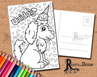 INSTANT DOWNLOAD Coloring Postcard Page - Uni-Dog Color your own fun Postcards, doodle art, printable, Coloring Postcards