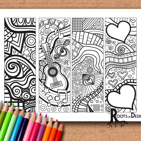 INSTANT DOWNLOAD Coloring Page - Color your own fun Music and tangle style bookmarks, doodle art, printable, Coloring bookmarks,