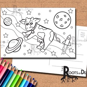 TÉLÉCHARGEMENT INSTANTANÉ Page de carte postale à colorier - Space Cow Colorez vos propres cartes postales amusantes, doodle art, imprimables, cartes postales à colorier