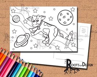 INSTANT DOWNLOAD Coloring Postcard Page - Space Cow Color your own fun Postcards, doodle art, printable, Coloring Postcards