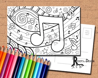 INSTANT DOWNLOAD Coloring Postcard Page - Music Zendoodle Color your own fun Postcards, doodle art, printable, Coloring Postcards