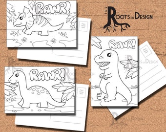 INSTANT DOWNLOAD Coloring Postcard Page - Dinosaur Color your own fun Postcards/ Mini Prints, printable, Coloring Postcards