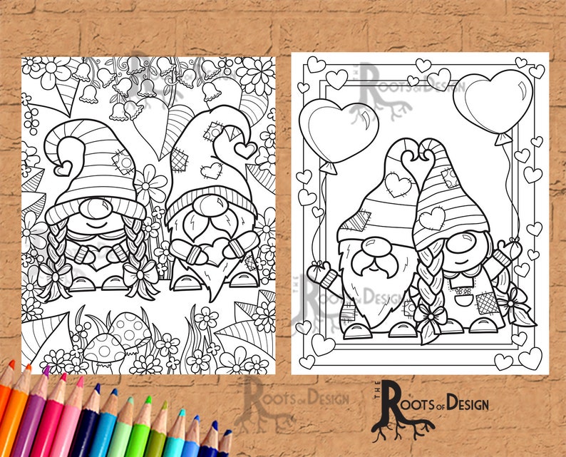May include: A black and white coloring page featuring two gnomes holding hearts. The gnomes are surrounded by flowers, hearts, and balloons. The text "The Roots of Design" is at the bottom of the page.