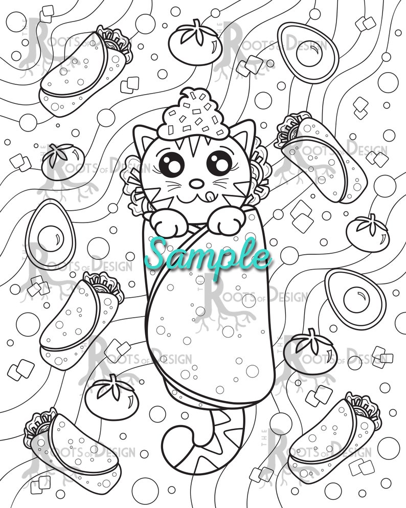 INSTANT DOWNLOAD Coloring Purrito Burrito Cat Art Coloring Page/ Print, doodle art, printable image 2