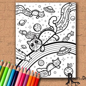 INSTANT DOWNLOAD Coloring Page - Taco Cats from Space Print, doodle art, printable