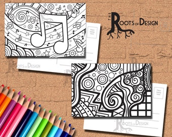 INSTANT DOWNLOAD Coloring Postcard Page - Music and ZenDoodle Color your own fun Postcards/ Mini Prints, printable, Coloring Postcards